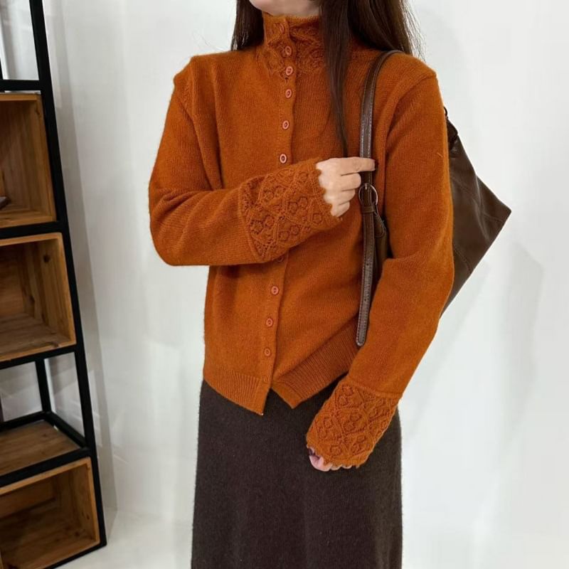 Stand Collar Crochet Knit Panel Button-Up Plain Cardigan