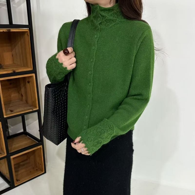 Stand Collar Crochet Knit Panel Button-Up Plain Cardigan