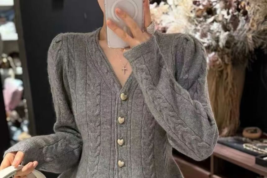 V-Neck Button-Up Plain Cable Knit Peplum Cardigan