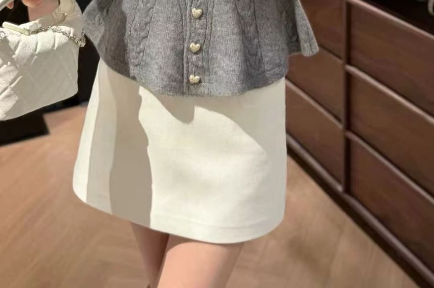 V-Neck Button-Up Plain Cable Knit Peplum Cardigan