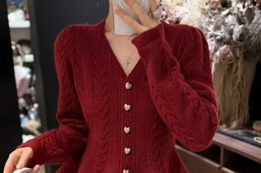 V-Neck Button-Up Plain Cable Knit Peplum Cardigan