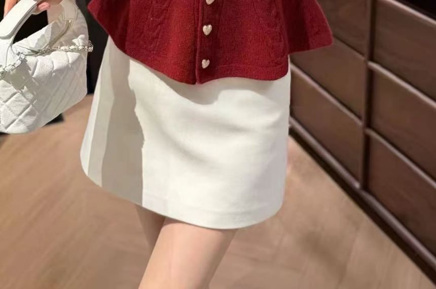 V-Neck Button-Up Plain Cable Knit Peplum Cardigan
