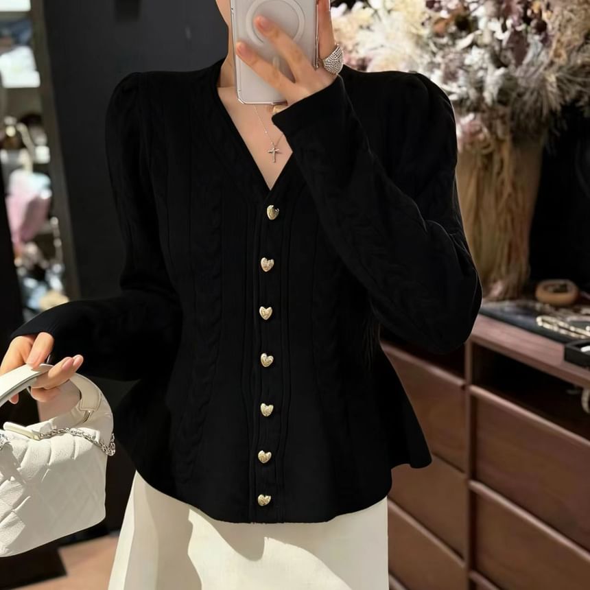 V-Neck Button-Up Plain Cable Knit Peplum Cardigan