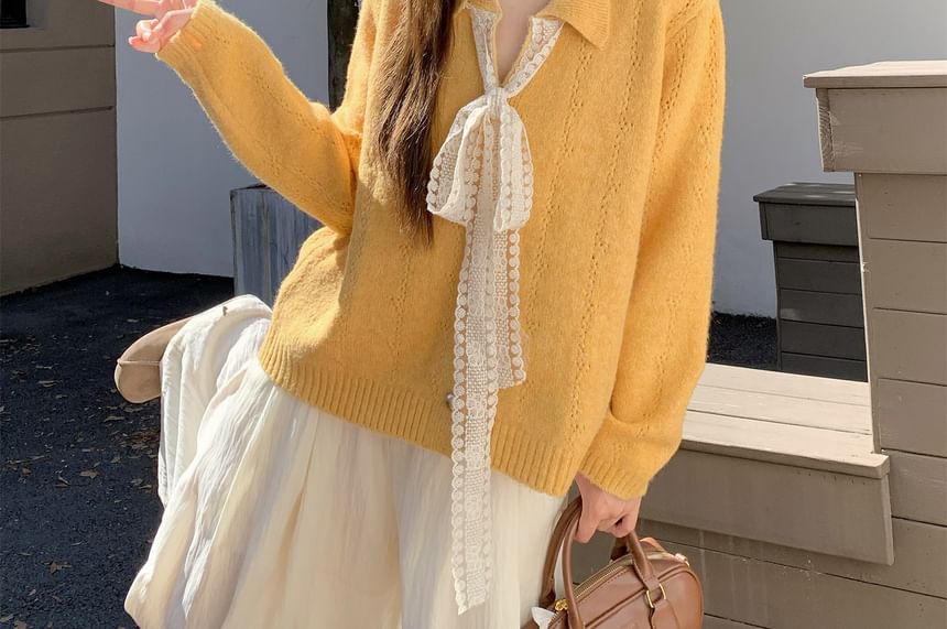 Collared Lace Panel Perforated Button-Up Cardigan
