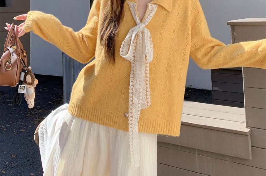 Collared Lace Panel Perforated Button-Up Cardigan