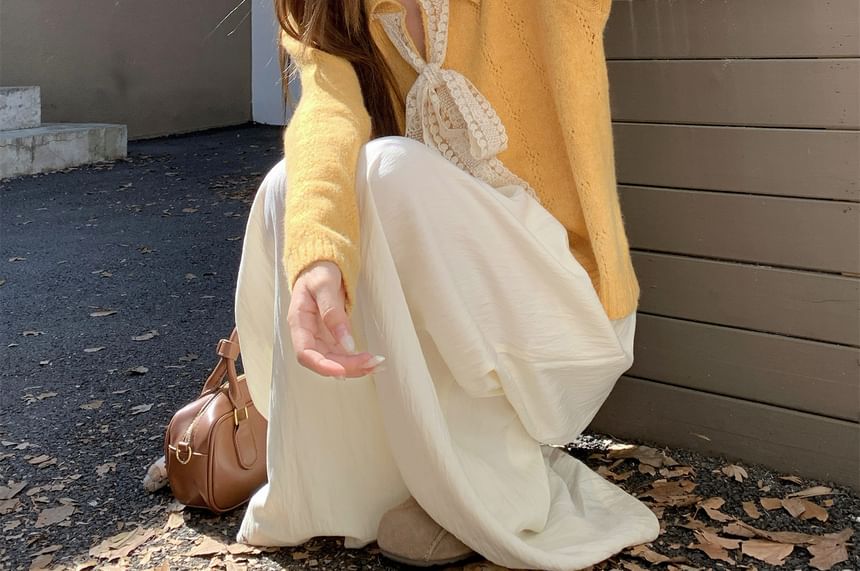 Collared Lace Panel Perforated Button-Up Cardigan