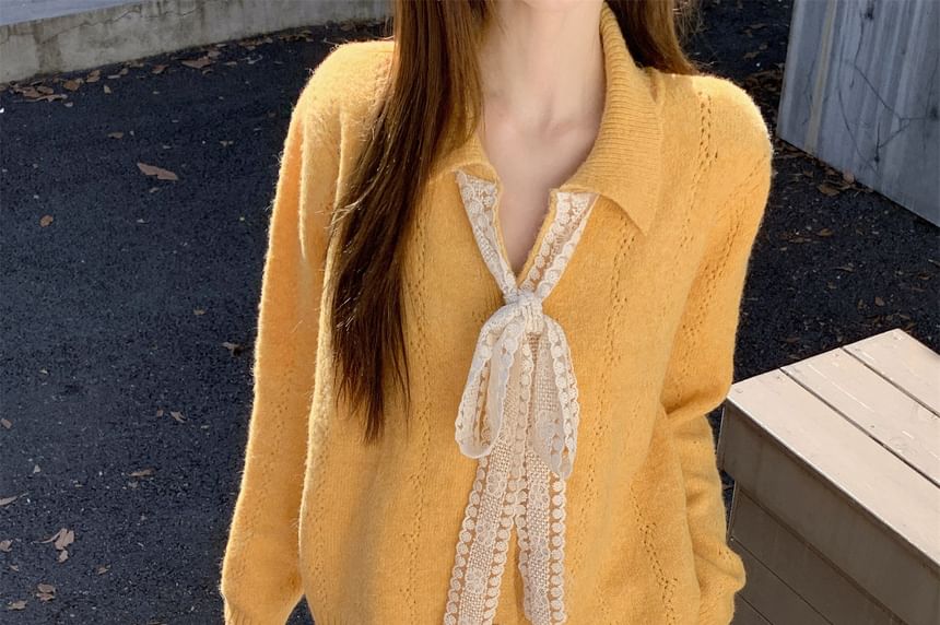 Collared Lace Panel Perforated Button-Up Cardigan