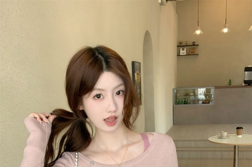 Two-Tone Asymmetrical Crewneck Knit Top with Long Sleeves