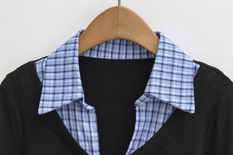 Collared Plaid Panel Long-Sleeve Mock Two-Piece