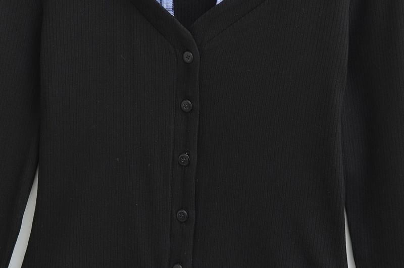 Collared Plaid Panel Long-Sleeve Mock Two-Piece
