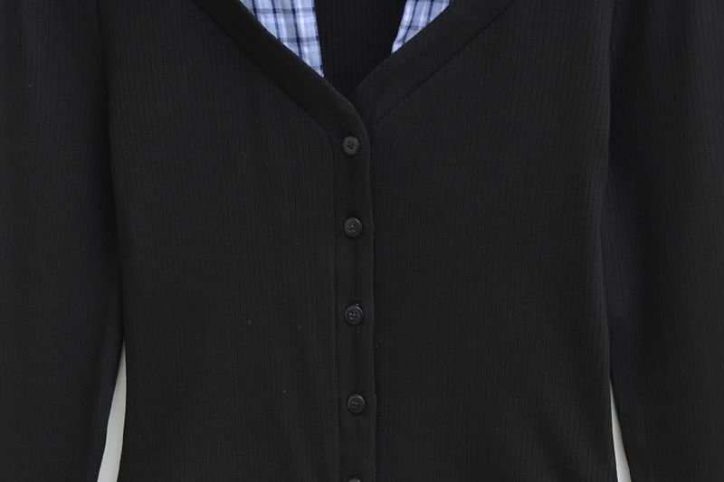 Collared Plaid Panel Long-Sleeve Mock Two-Piece