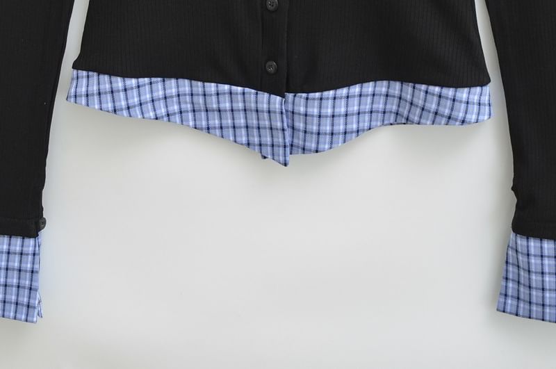 Collared Plaid Panel Long-Sleeve Mock Two-Piece