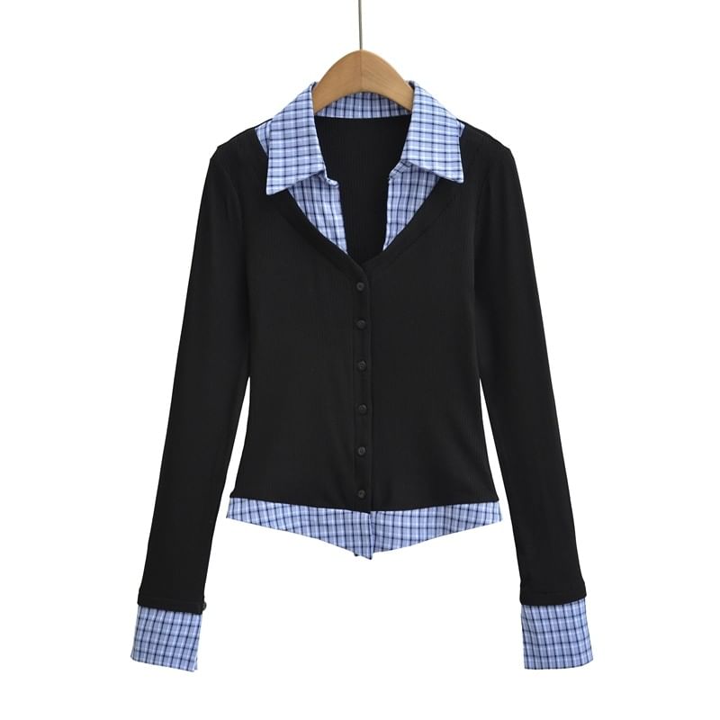 Collared Plaid Panel Long-Sleeve Mock Two-Piece