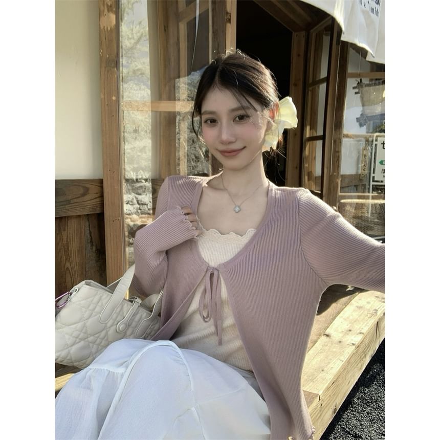 Round Neck Plain Tie Front Cardigan