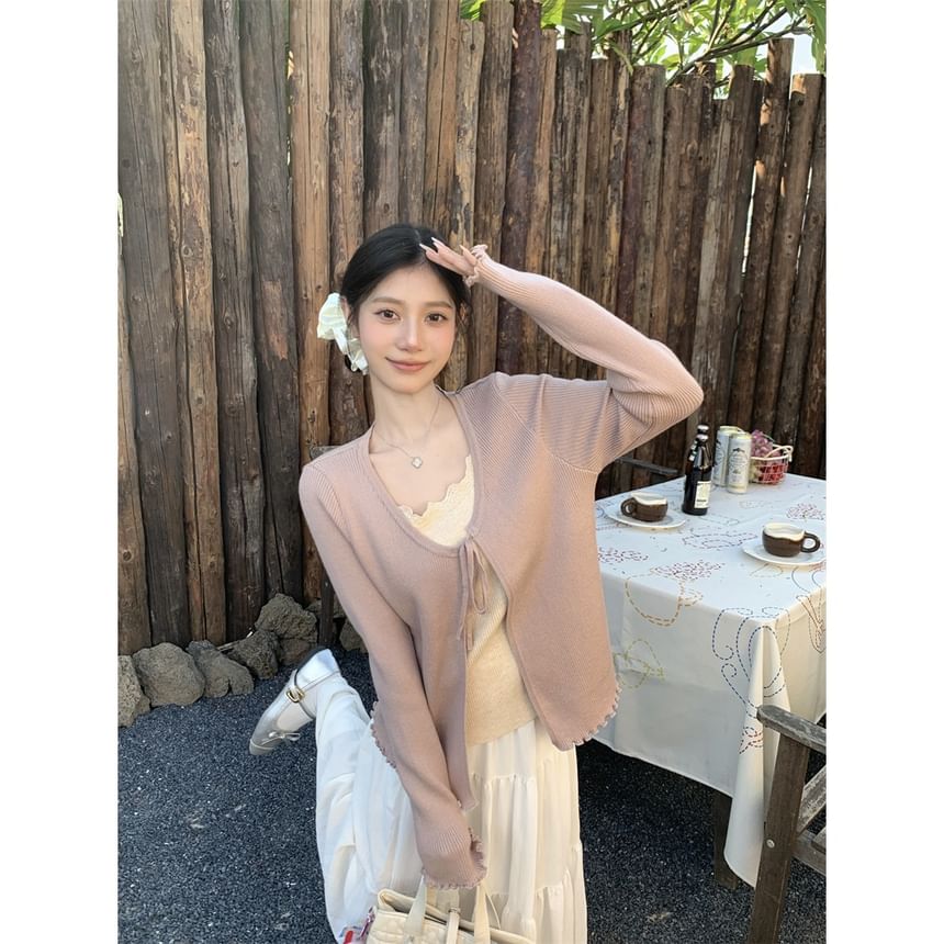 Round Neck Plain Tie Front Cardigan
