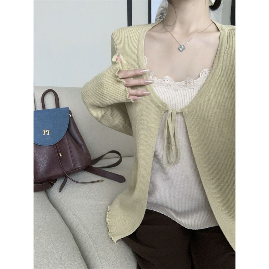 Round Neck Plain Tie Front Cardigan
