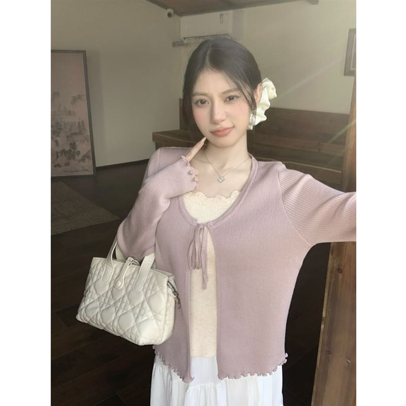 Round Neck Plain Tie Front Cardigan