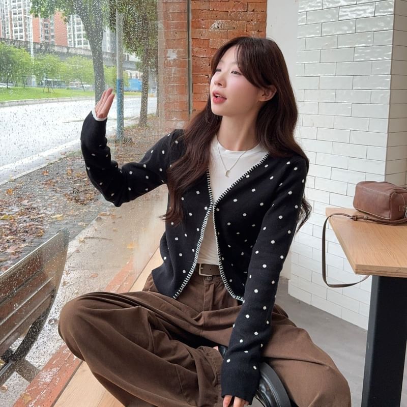 V-Neck Dotted Button Up Cardigan