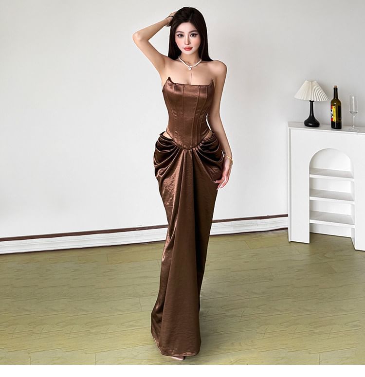 Strapless Plain Cutout Ruched Maxi Bodycon Corset Dress