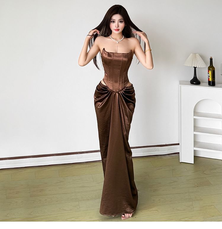 Strapless Plain Cutout Ruched Maxi Bodycon Corset Dress