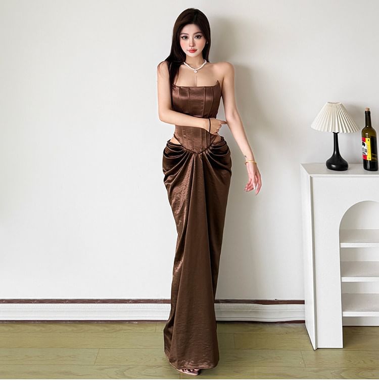 Strapless Plain Cutout Ruched Maxi Bodycon Corset Dress