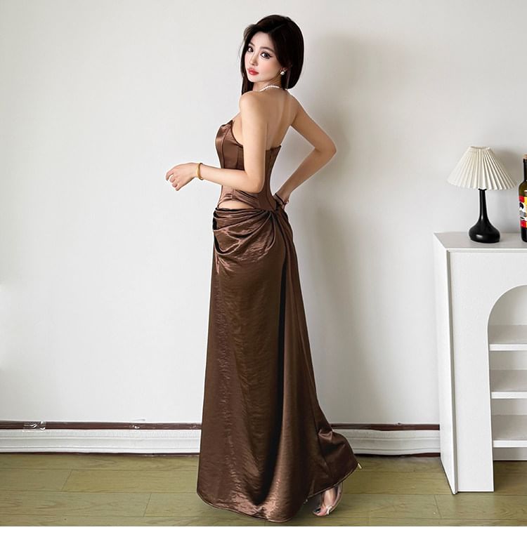 Strapless Plain Cutout Ruched Maxi Bodycon Corset Dress