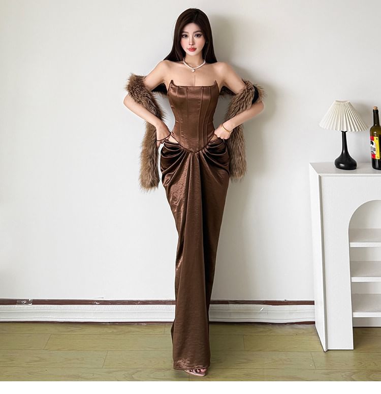 Strapless Plain Cutout Ruched Maxi Bodycon Corset Dress