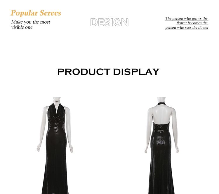 Halter Cowl Neck Sequin Open Back Maxi Mermaid Dress