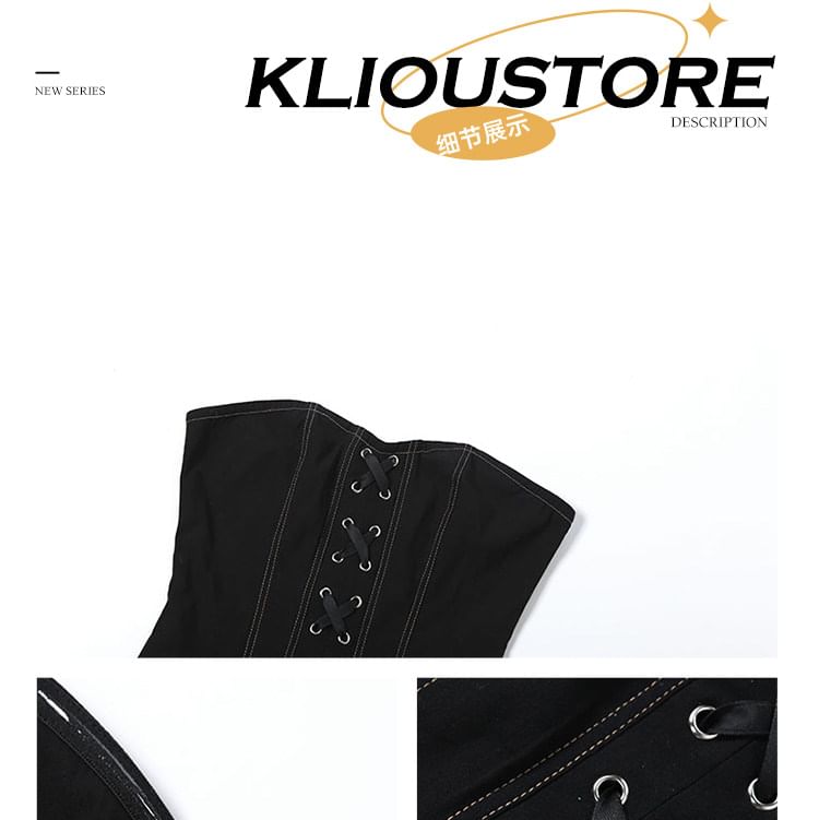 Lace-Up Slit Contrast Stitch Crop Tube Top