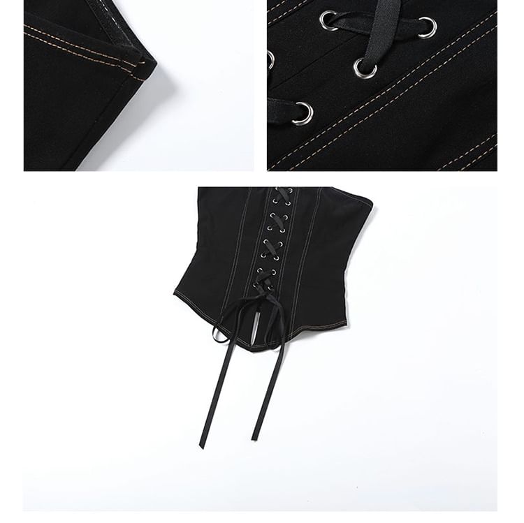 Lace-Up Slit Contrast Stitch Crop Tube Top