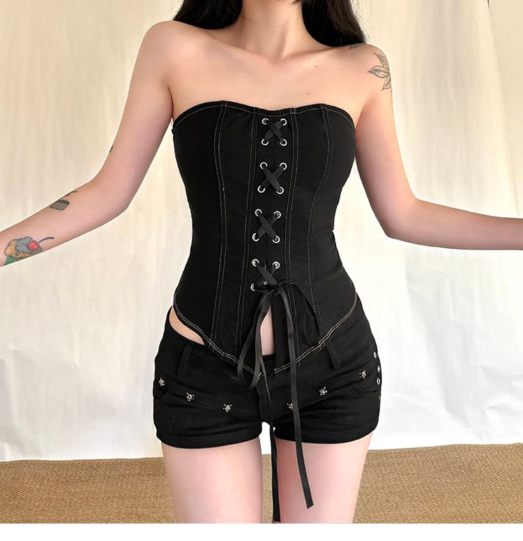 Lace-Up Slit Contrast Stitch Crop Tube Top