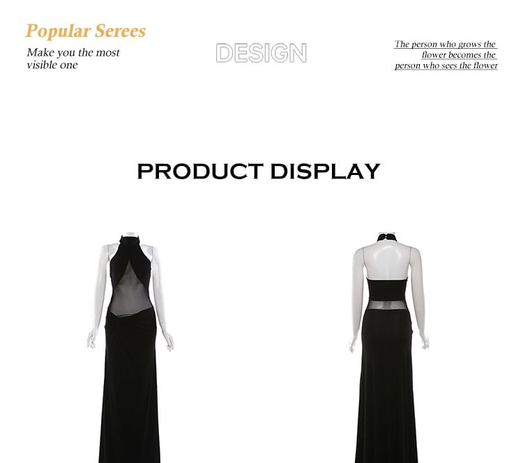 Halter Neck Plain Mesh Panel Ruched Open Back Maxi Sheath Dress