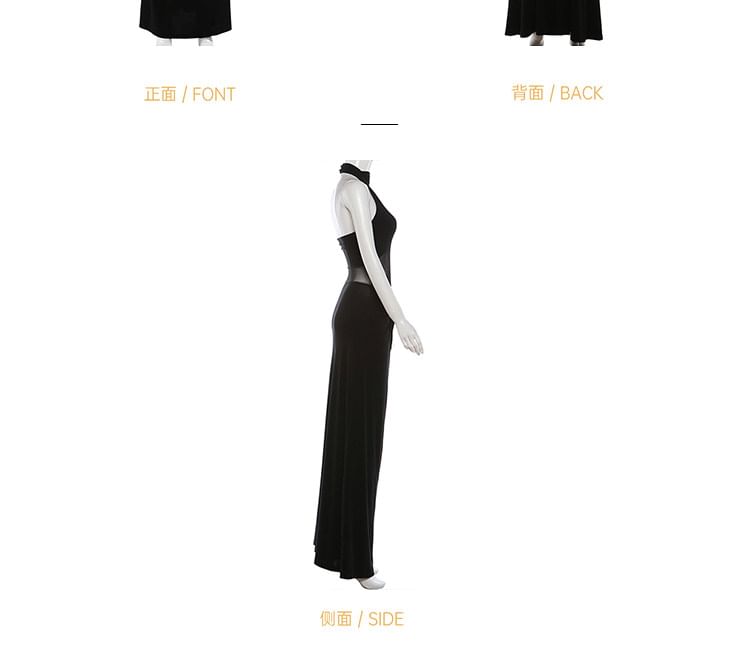 Halter Neck Plain Mesh Panel Ruched Open Back Maxi Sheath Dress