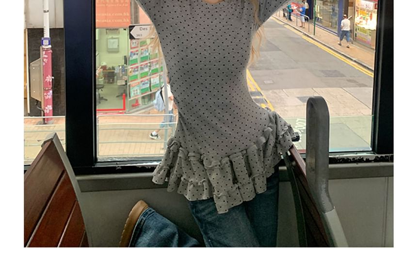 Dotted Ruffled Round-Neck Long-Sleeve Top