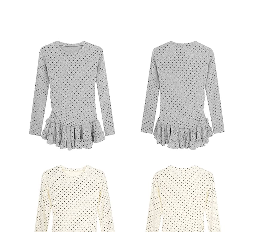 Dotted Ruffled Round-Neck Long-Sleeve Top