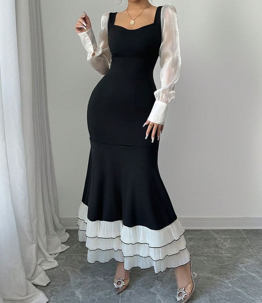 Long-Sleeve Square Neck Two Tone Tiered Ruffle Maxi Mermaid Dress