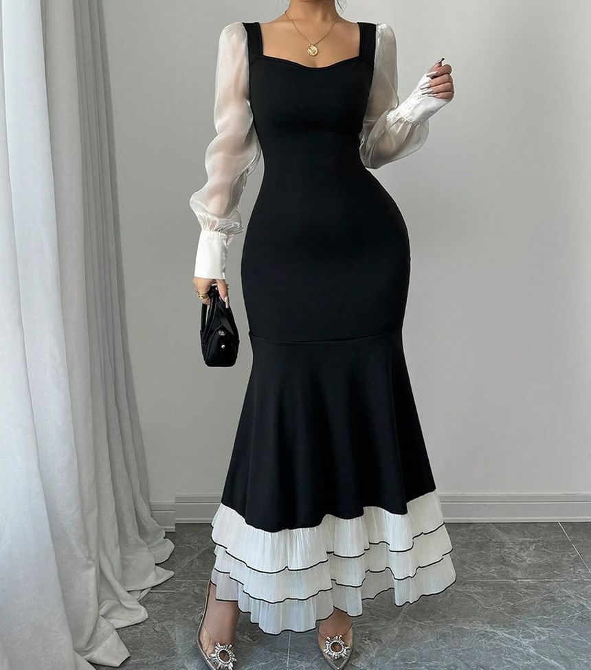 Long-Sleeve Square Neck Two Tone Tiered Ruffle Maxi Mermaid Dress