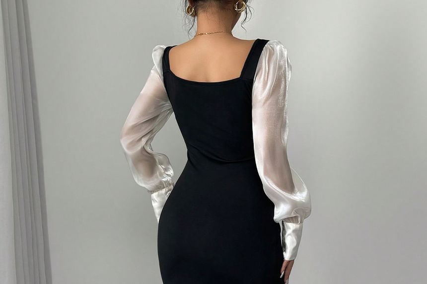 Long-Sleeve Square Neck Two Tone Tiered Ruffle Maxi Mermaid Dress