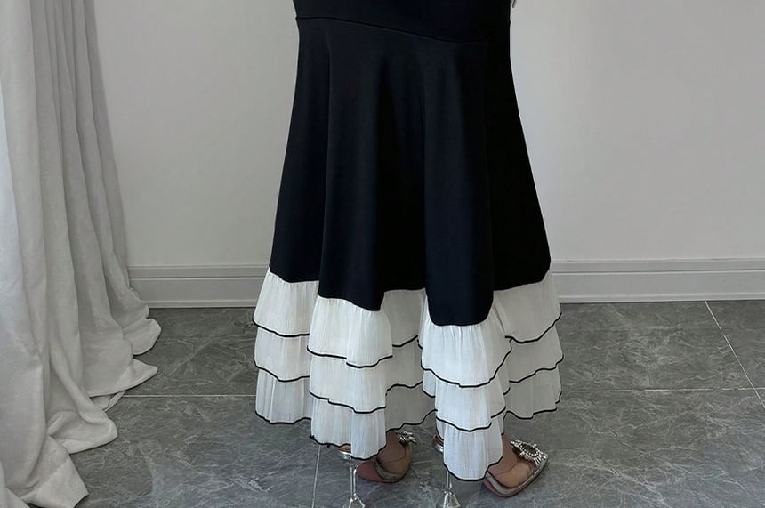 Long-Sleeve Square Neck Two Tone Tiered Ruffle Maxi Mermaid Dress