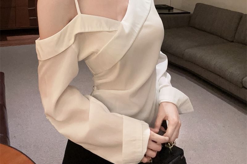 Asymmetric Tie-Waist Cold-Shoulder Blouse, Long Sleeves