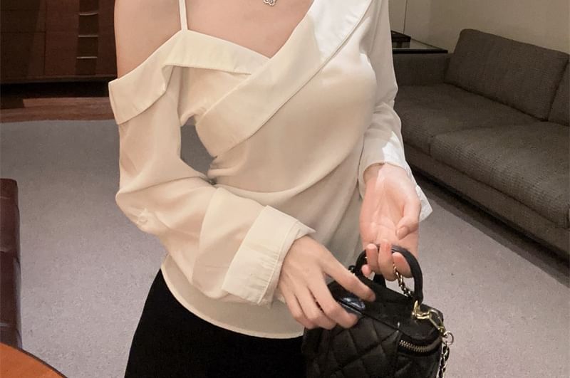 Asymmetric Tie-Waist Cold-Shoulder Blouse, Long Sleeves