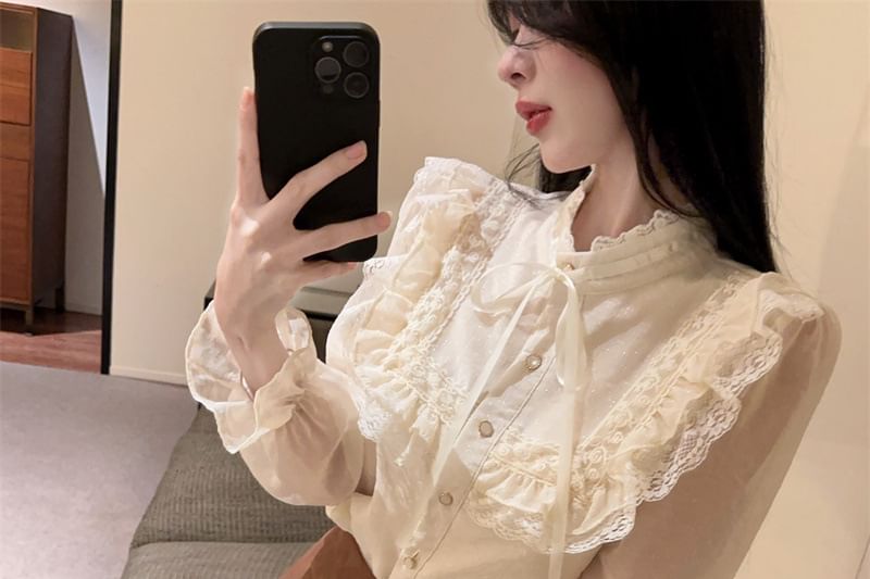 Stand-Collar Long-Sleeve Blouse with Lace Ruffle