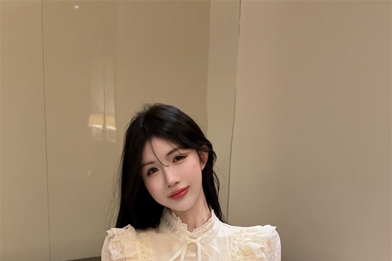 Stand-Collar Long-Sleeve Blouse with Lace Ruffle