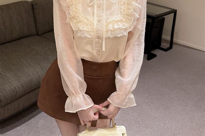 Stand-Collar Long-Sleeve Blouse with Lace Ruffle