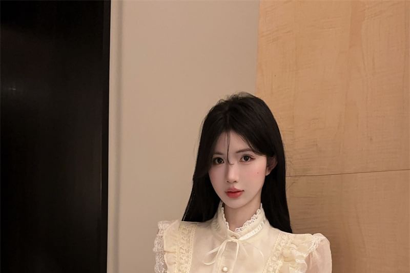 Stand-Collar Long-Sleeve Blouse with Lace Ruffle