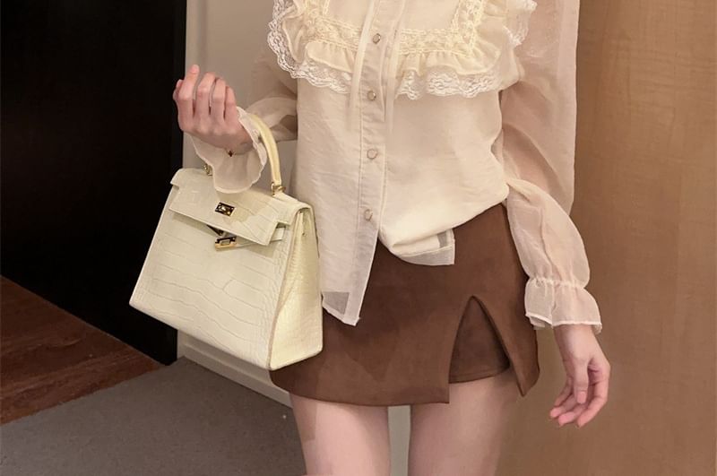 Stand-Collar Long-Sleeve Blouse with Lace Ruffle