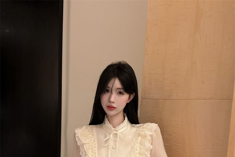 Stand Collar Lace Panel Ruffle Trim Button-Up Blouse
