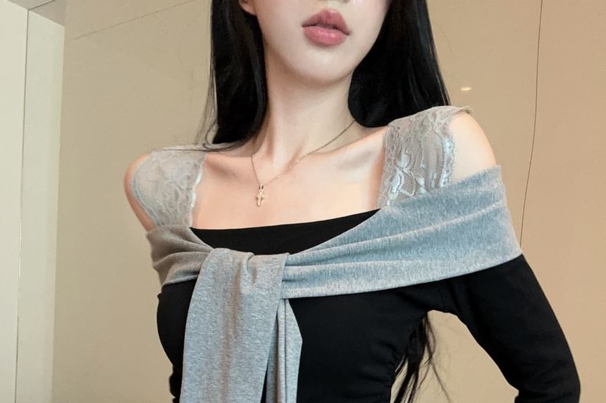 Cold-Shoulder Long-Sleeve Crop Top with Lace & Drawstring