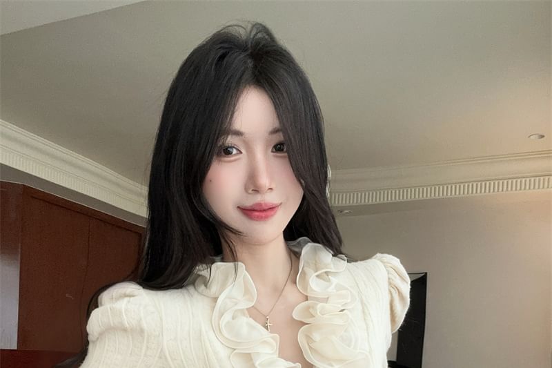 Ruffle-Trim Long-Sleeve Lace Crop Top, V-Neck