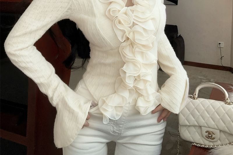 Ruffle-Trim Long-Sleeve Lace Crop Top, V-Neck